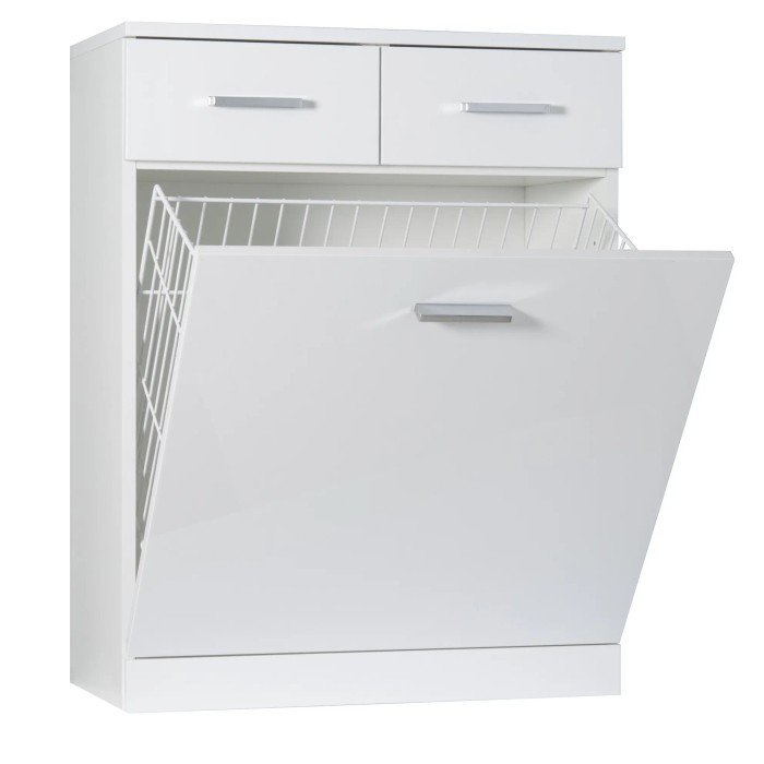 Mobile bagno bianco con due cassetti e cesto portabiancheria, categoria arredo bagno.