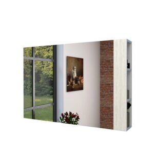 Mobile specchio t.b.t. con ripiano, che riflette finestra, quadro e rose rosse.