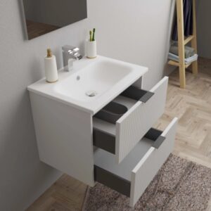 Mobile bagno moderno con lavabo e due cassetti in bianco e grigio.