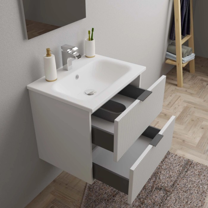 Mobile bagno moderno con lavabo e due cassetti in bianco e grigio.