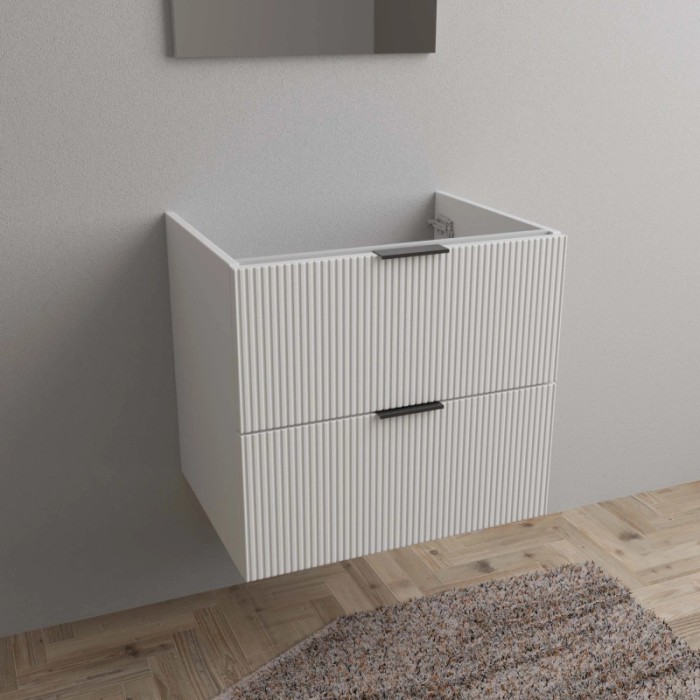 t.b.t. Mobile bagno bianco con due cassetti e maniglie nere.