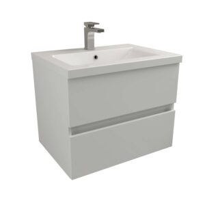 Mobile bagno moderno grigio con lavabo e rubinetto. Ideale per ogni bagno.