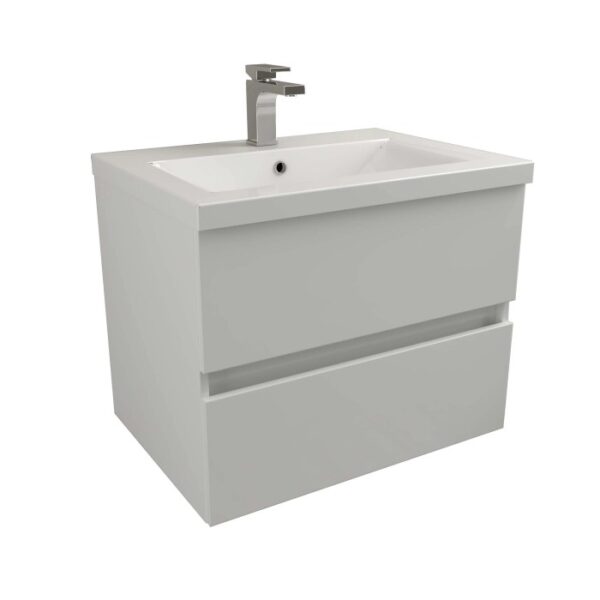 Mobile bagno moderno grigio con lavabo e rubinetto. Ideale per ogni bagno.