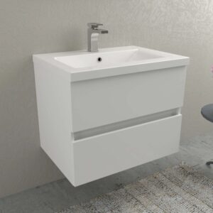 Mobile bagno bianco con due cassetti e lavabo da appoggio. Arredo bagno.