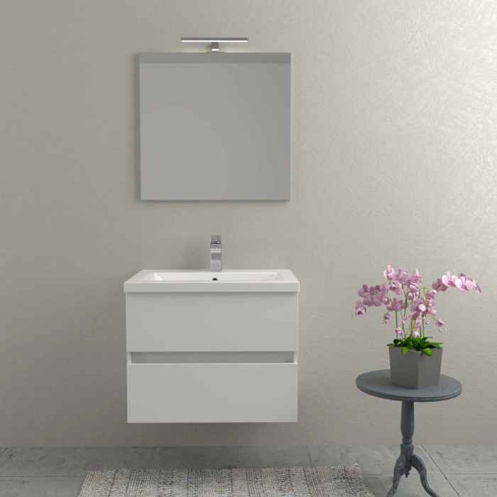 Mobile bagno bianco con specchio e illuminazione, categoria arredo bagno.