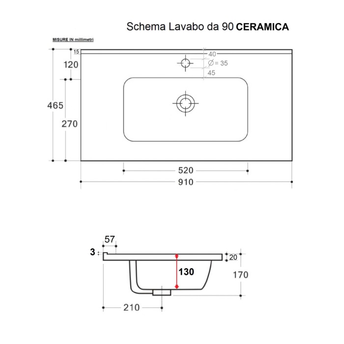 Disegno tecnico del lavabo da appoggio t.b.t. con dimensioni.