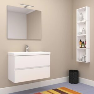 Set di mobili bagno moderni bianchi con lavabo, specchio e mensola. Design elegante per il bagno.