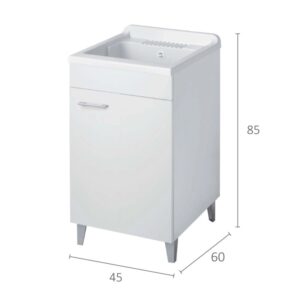 Mobile lavatoio bianco con vasca e dimensioni per bagno o lavanderia.