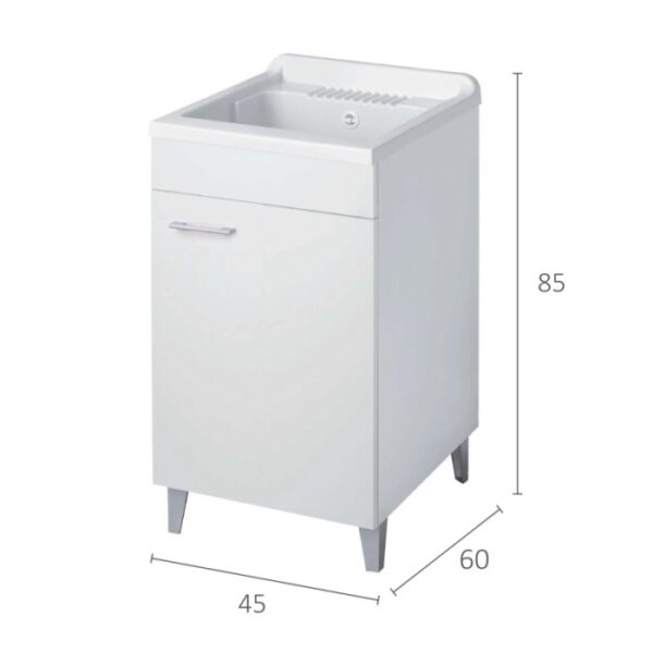 Mobile lavatoio bianco con vasca e dimensioni per bagno o lavanderia.