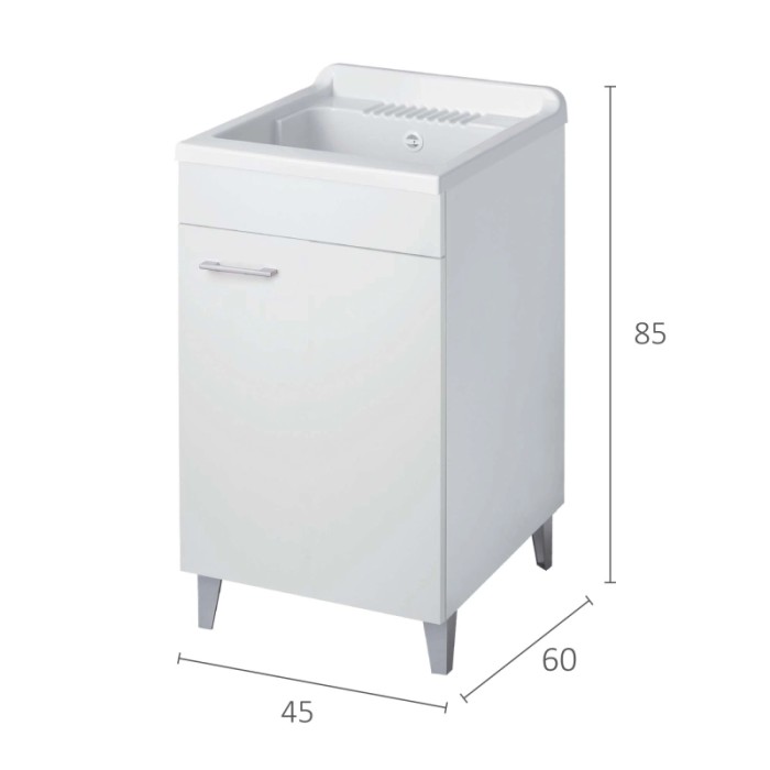 Mobile lavatoio bianco con vasca e dimensioni per bagno o lavanderia.