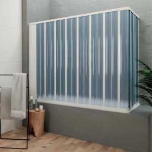 Box doccia a strisce blu e bianche, accessori per doccia.
