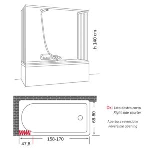 Schizzo di un box doccia con dimensioni per accessori. Disegno schematico.