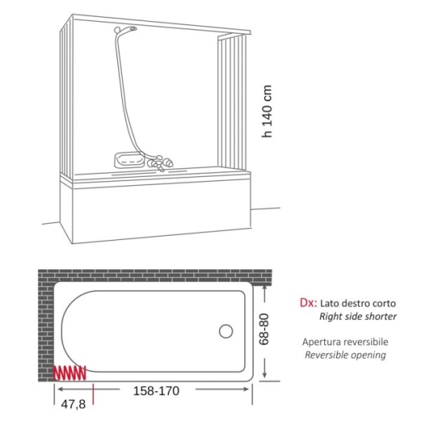 Schizzo di un box doccia con dimensioni per accessori. Disegno schematico.