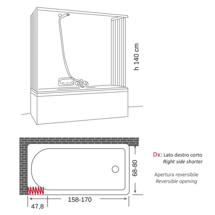 Schizzo di un box doccia con dimensioni per accessori. Disegno schematico.