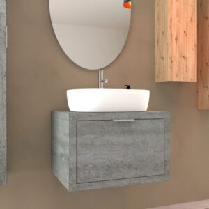 Mobile bagno grigio con lavabo d'appoggio e specchio. Set di mobili bagno.