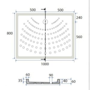 Disegno tecnico di un piatto doccia t.b.t. con dimensioni e dettagli.