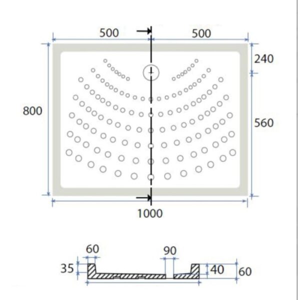 Disegno tecnico di un piatto doccia t.b.t. con dimensioni e dettagli.