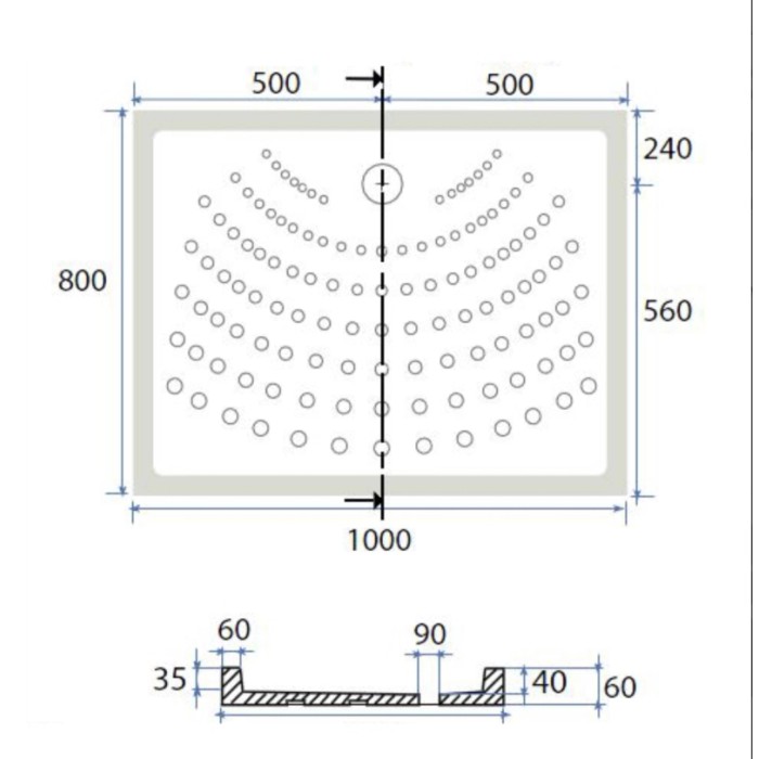 Disegno tecnico di un piatto doccia t.b.t. con dimensioni e dettagli.