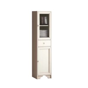 Mobile bagno stretto bianco con anta in vetro, cassetto e anta per arredo bagno.