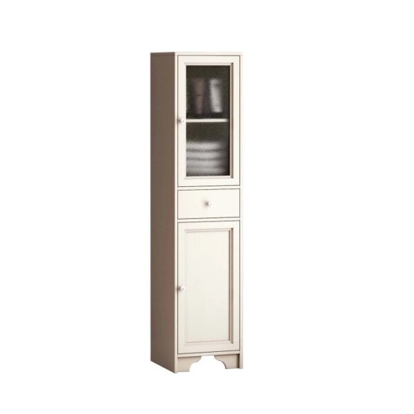 Mobile bagno stretto bianco con anta in vetro, cassetto e anta per arredo bagno.