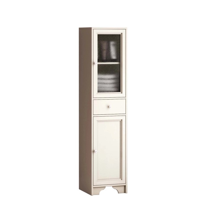 Mobile bagno stretto bianco con anta in vetro, cassetto e anta per arredo bagno.