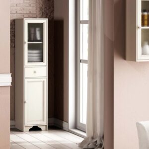 Mobile bagno stretto bianco con ante in vetro e cassetto. Arredo bagno per riporre.
