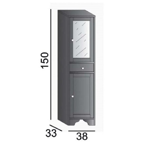 Illustrazione di un mobile bagno alto e stretto grigio con specchio e cassetto. Parte della categoria mobili bagno.
