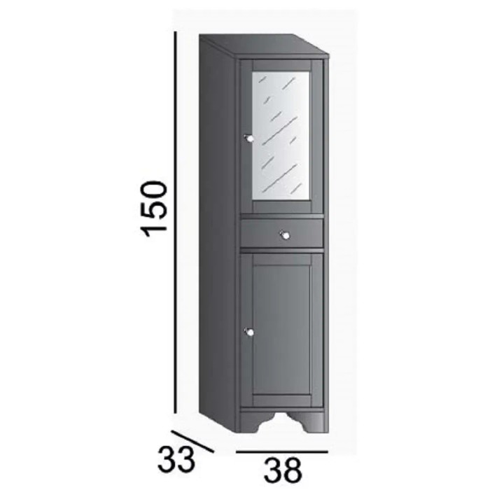Illustrazione di un mobile bagno alto e stretto grigio con specchio e cassetto. Parte della categoria mobili bagno.