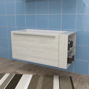 Mobile bagno sospeso effetto legno con ripiani laterali per accessori bagno.