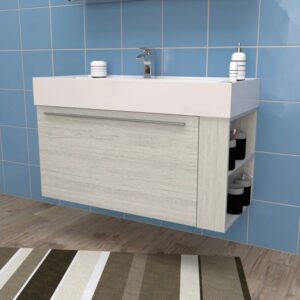 Lavabo moderno con mobiletto in legno. Mobile bagno per riporre gli oggetti in bagno.