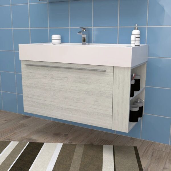 Lavabo moderno con mobiletto in legno. Mobile bagno per riporre gli oggetti in bagno.