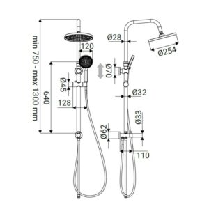 Disegno tecnico di una colonna doccia t.b.t. con dimensioni per l'installazione.