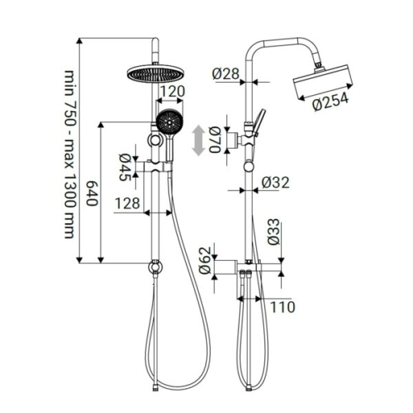 Disegno tecnico di una colonna doccia t.b.t. con dimensioni per l'installazione.