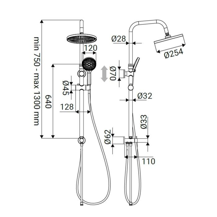 Disegno tecnico di una colonna doccia t.b.t. con dimensioni per l'installazione.