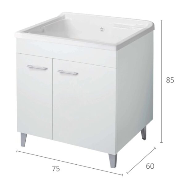 Mobile lavabo bianco con due ante e maniglie argentate. Categoria: Lavatoi.