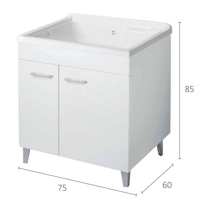 Mobile lavabo bianco con due ante e maniglie argentate. Categoria: Lavatoi.
