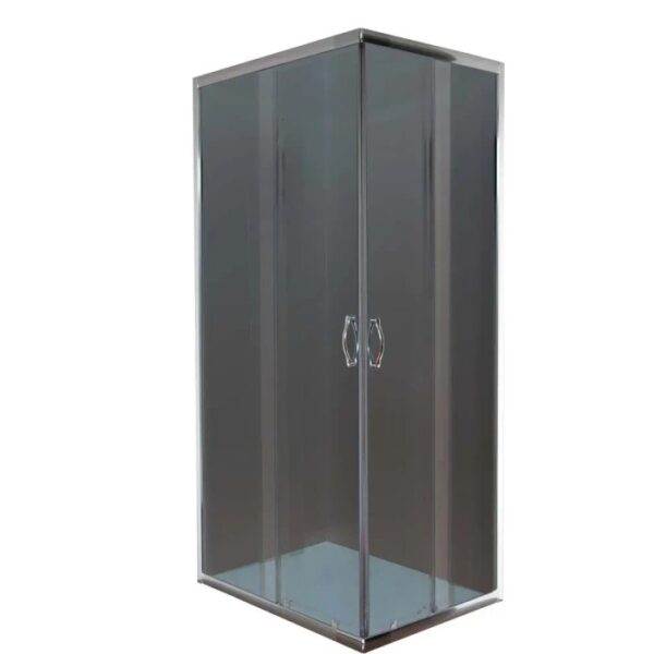 Box doccia t.b.t. con porte in vetro grigio e telaio argentato.