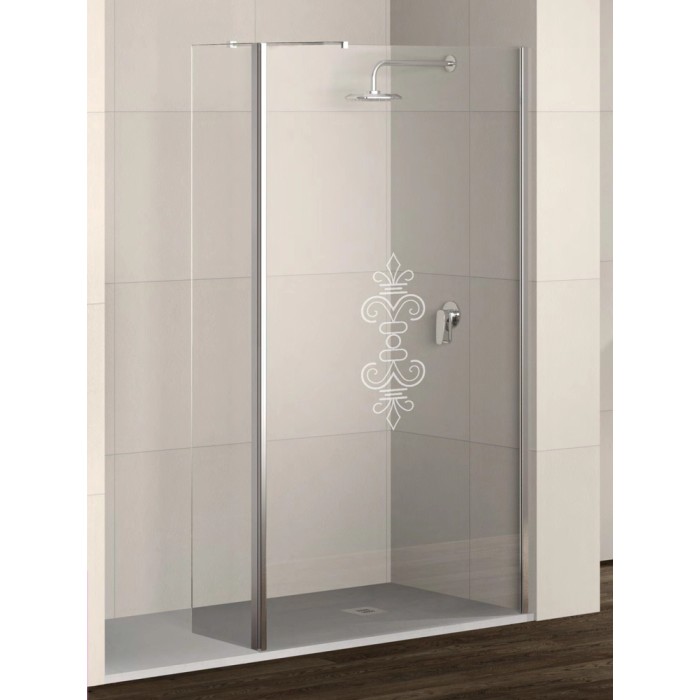 Box doccia walk-in t.b.t. con decoro, vetro e telaio cromato.