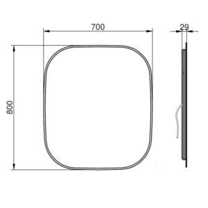 Disegno tecnico di uno specchio da parete quadrato t.b.t. con angoli arrotondati e dimensioni.