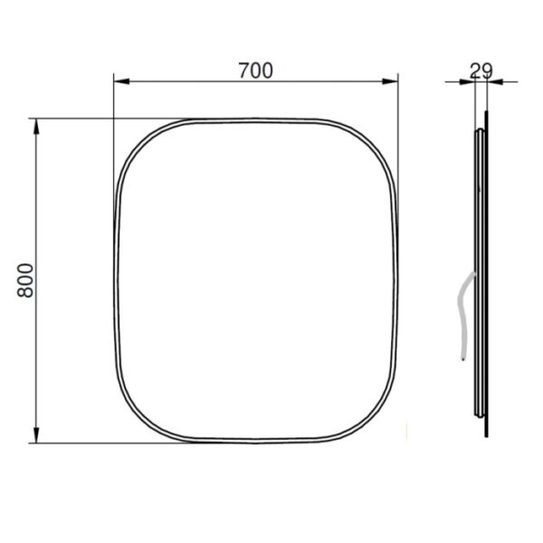 Disegno tecnico di uno specchio da parete quadrato t.b.t. con angoli arrotondati e dimensioni.