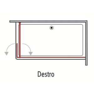 Schizzo di una doccia walk-in (t.b.t.) con guarnizione rossa e frecce.