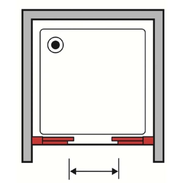 Schizzo di un box doccia (t.b.t.) con dettagli rossi e indicazione delle dimensioni.
