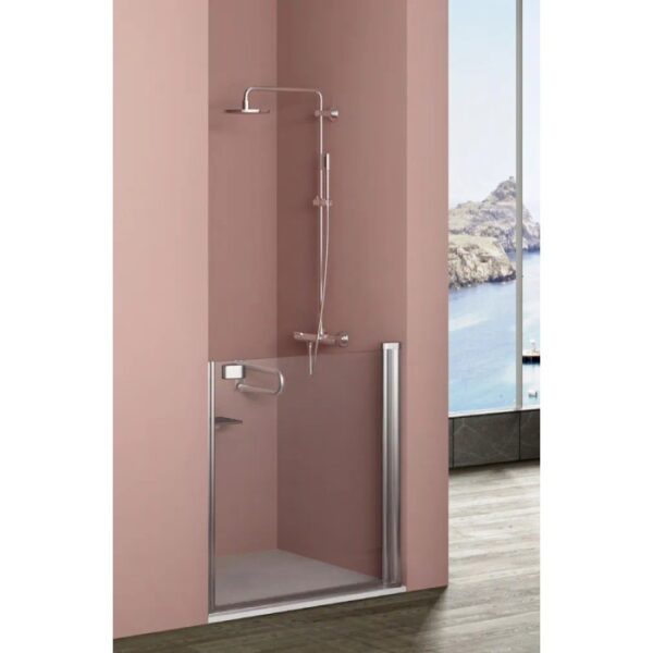 t.b.t. Porta doccia con rubinetteria e maniglione in bagno moderno.