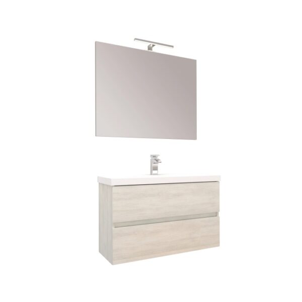 Set di mobili da bagno moderni con mobile lavabo, specchio e lampada.