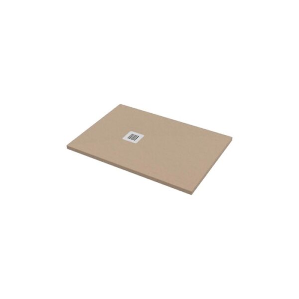 Piatto doccia rettangolare beige con scarico quadrato al centro.