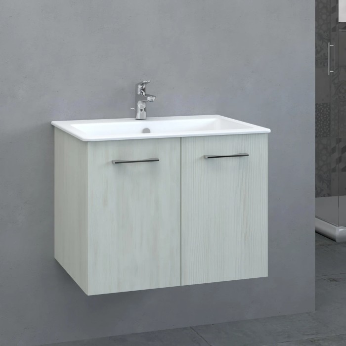 Mobile bagno moderno con due ante e lavabo da appoggio.