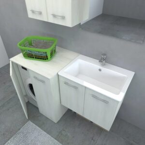 Set bagno moderno con lavabo, mobile e lavatrice effetto legno.