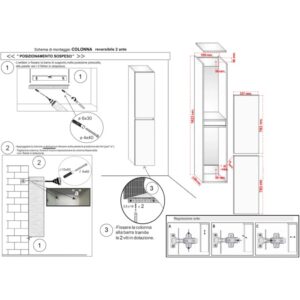 Istruzioni di montaggio per mobile bagno t.b.t.: Schema con misure e dettagli per l'installazione.