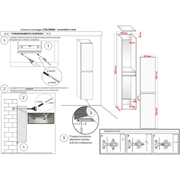 Istruzioni di montaggio per mobile bagno t.b.t.: Schema con misure e dettagli per l'installazione.