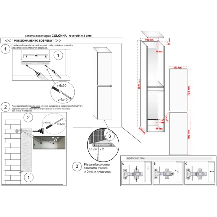 Istruzioni di montaggio per mobile bagno t.b.t.: Schema con misure e dettagli per l'installazione.